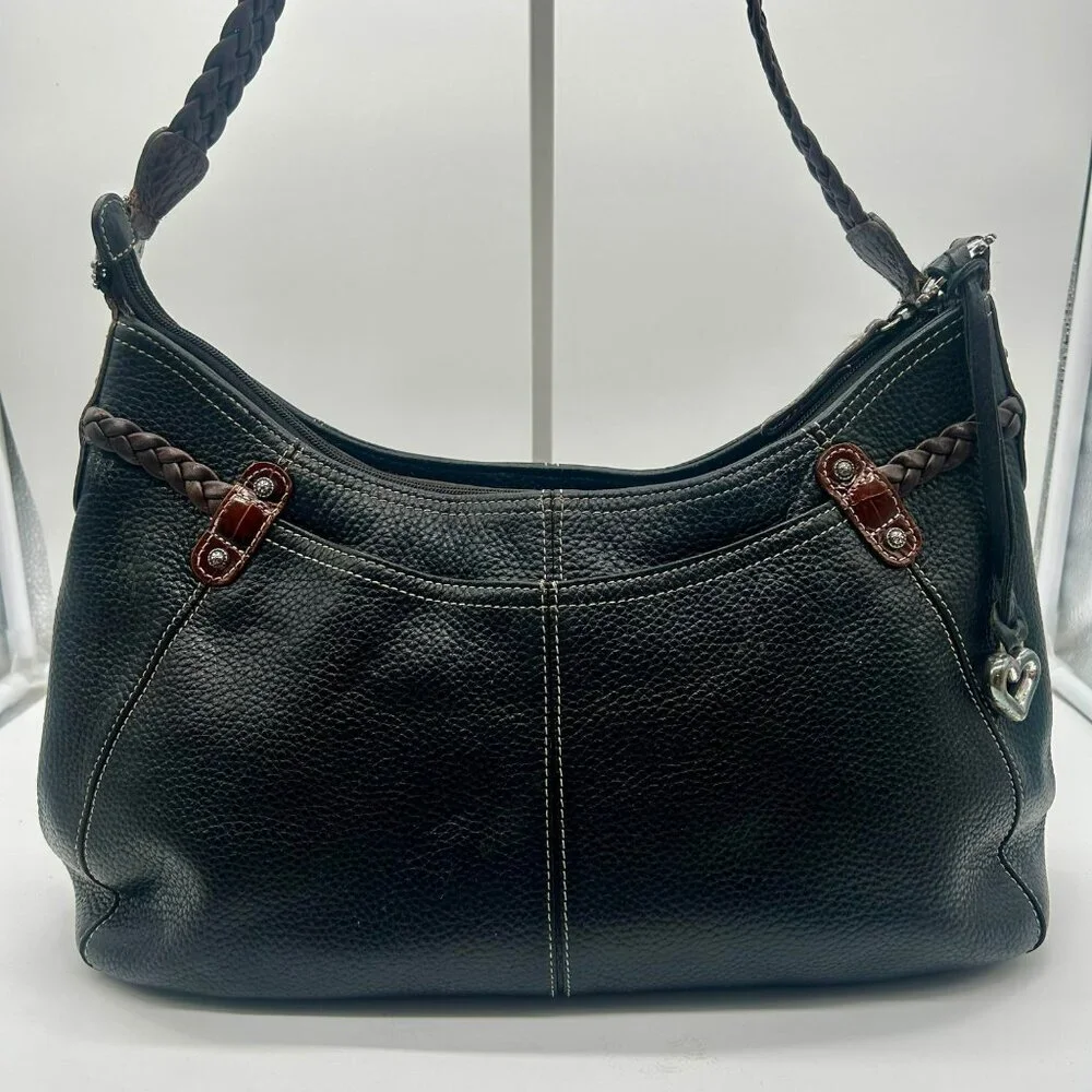 Brighton Leather Woven Tassel Shoulder Bag Black Brown Rectangle Pockets Zipper‎